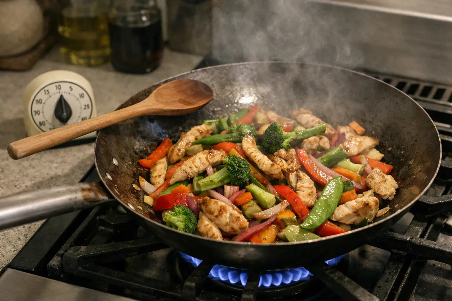 Sizzling stir-fry with vegetables and chicken in a wok on gas stovetop