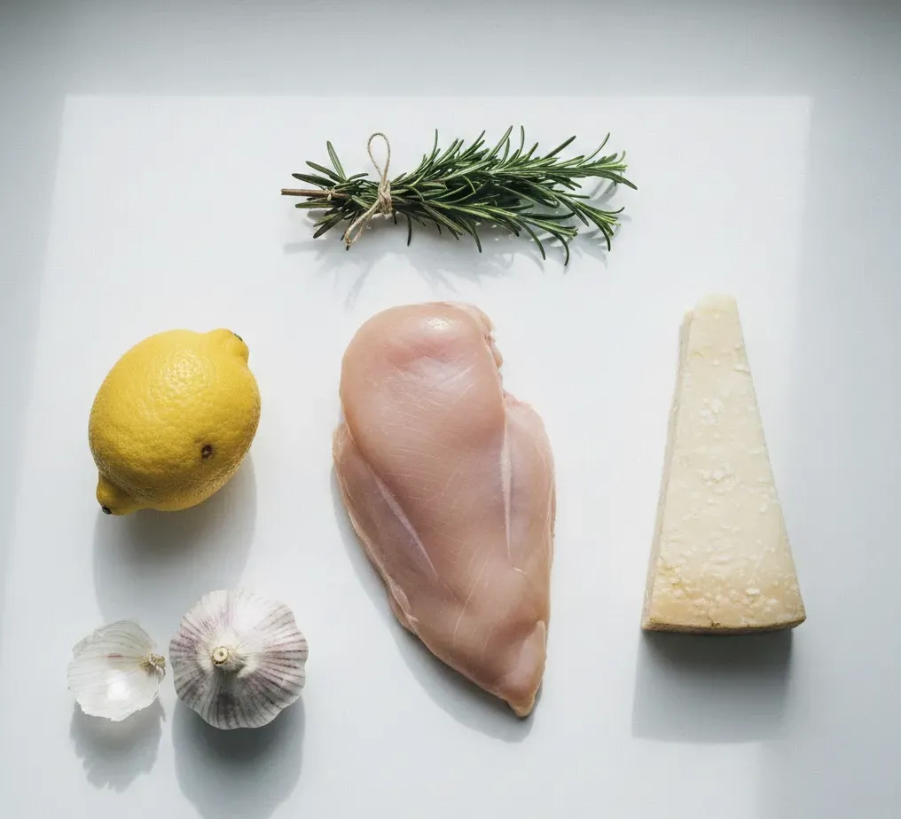 Five simple ingredients arranged on white surface: chicken breast, lemon, garlic, rosemary, and parmesan