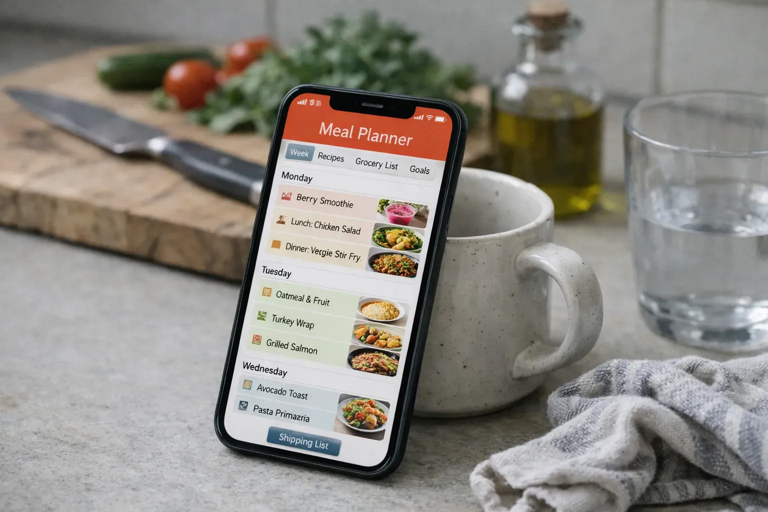Smartphone displaying meal planning app on kitchen counter with fresh vegetables and cutting board