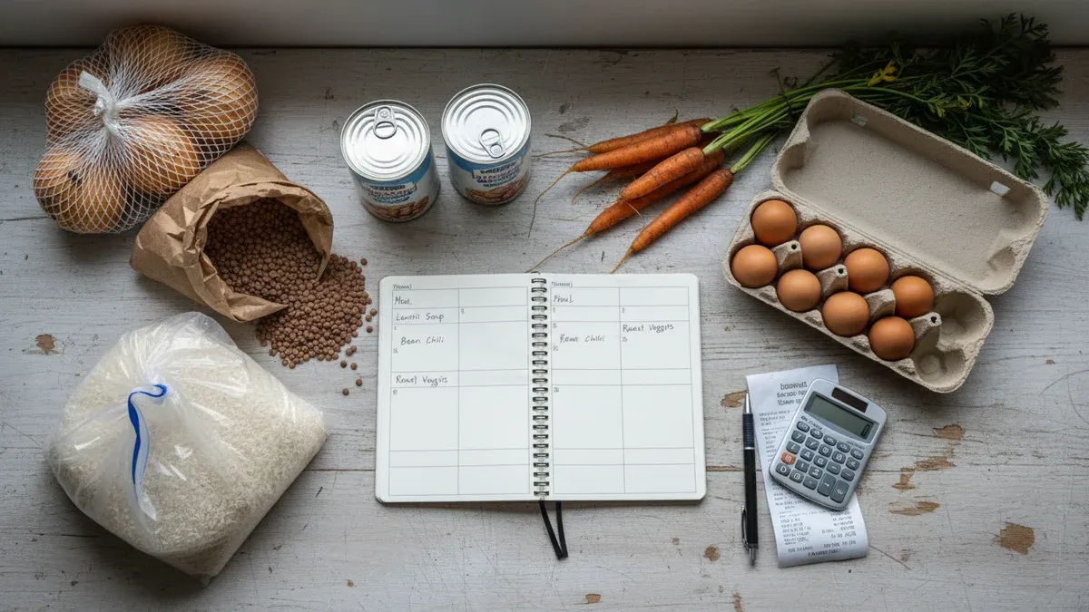 Kitchen counter with affordable pantry staples, a grocery receipt, and a weekly meal planner notebook