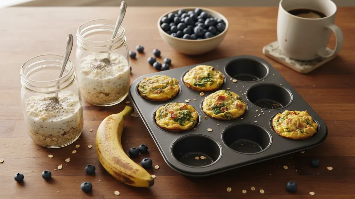 Glass jars of overnight oats and a tray of egg muffins on a kitchen counter in warm morning light