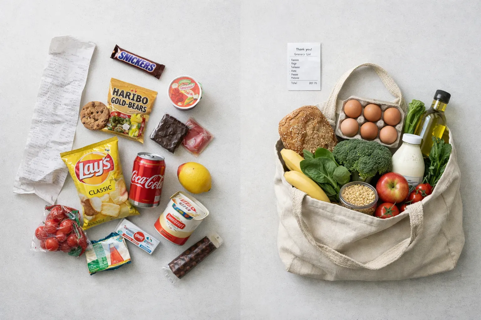 Comparison of wasteful grocery shopping with long receipt versus planned shopping with short receipt