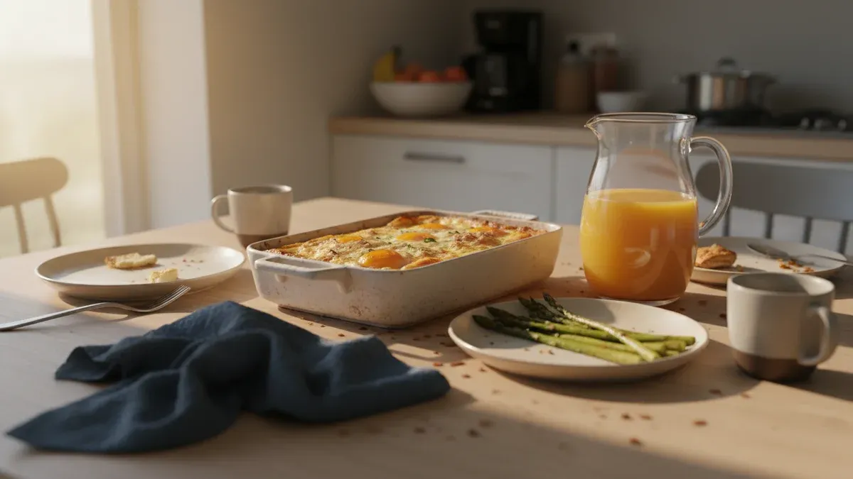 A casually set brunch table with a baked egg dish, fresh asparagus, and a pitcher of orange juice