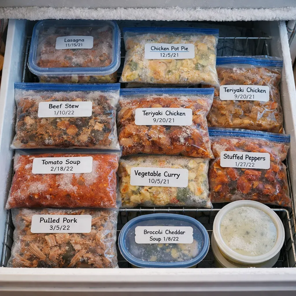 Open freezer drawer organized with labeled bags and containers of prepared meals