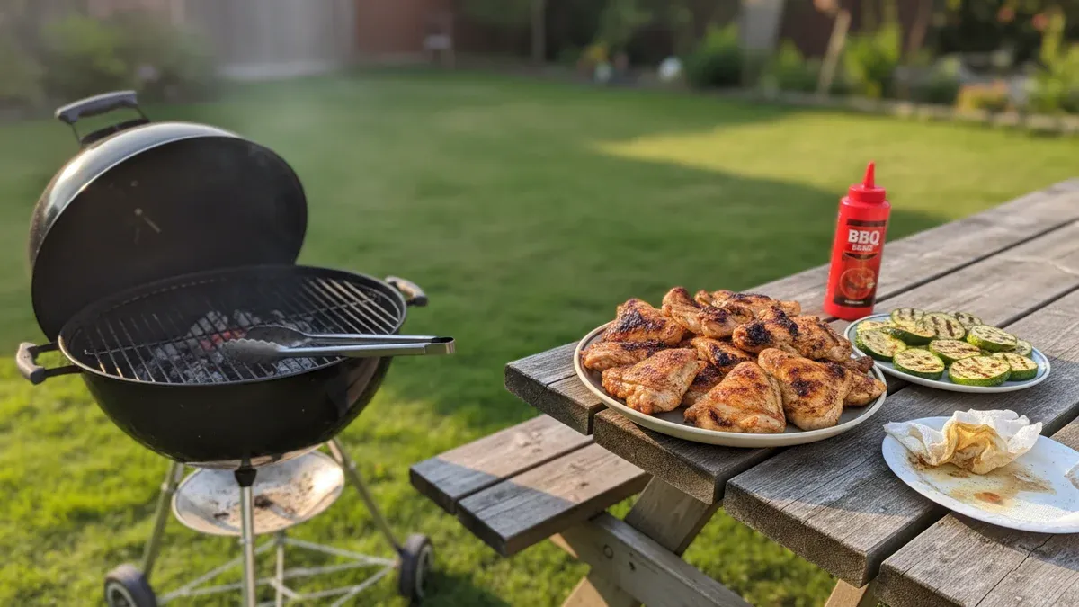 A backyard grill with tongs resting on the edge, a platter of grilled chicken and vegetables on a nearby table