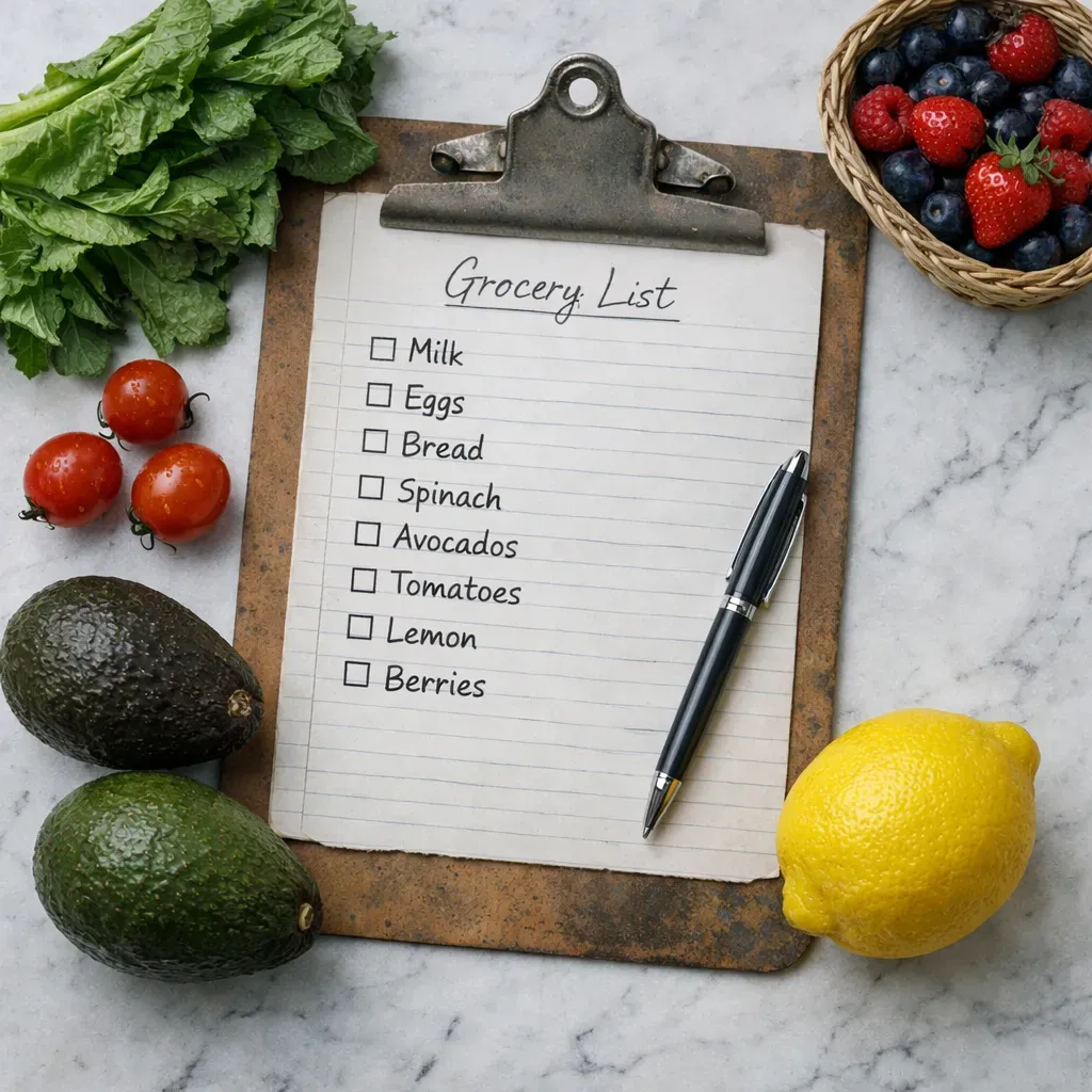 Grocery list on clipboard surrounded by fresh vegetables and fruits on marble countertop