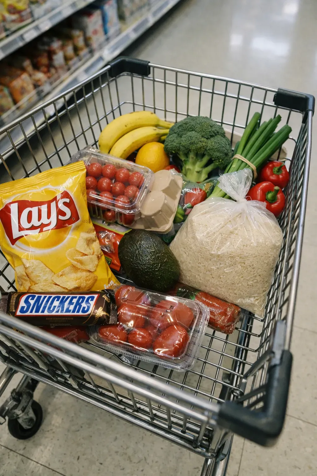 Shopping cart with mix of impulse buys and sensible grocery staples