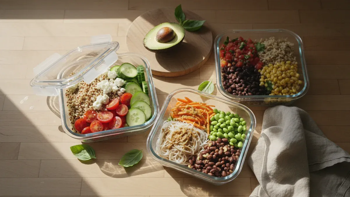 Glass meal prep containers with colorful healthy lunches on a kitchen counter