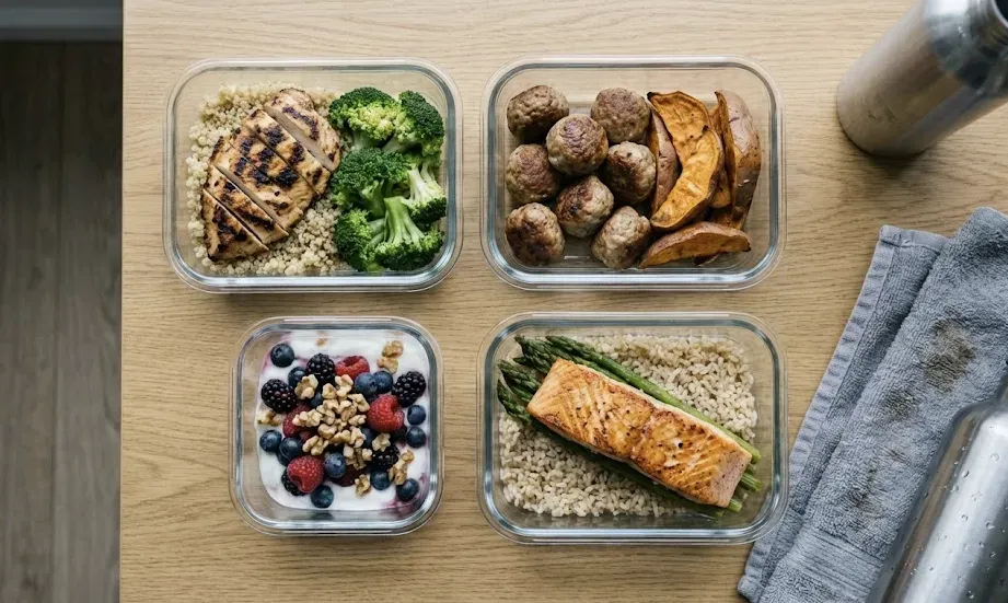 Four glass meal prep containers with high-protein meals including chicken, turkey meatballs, yogurt parfait, and salmon