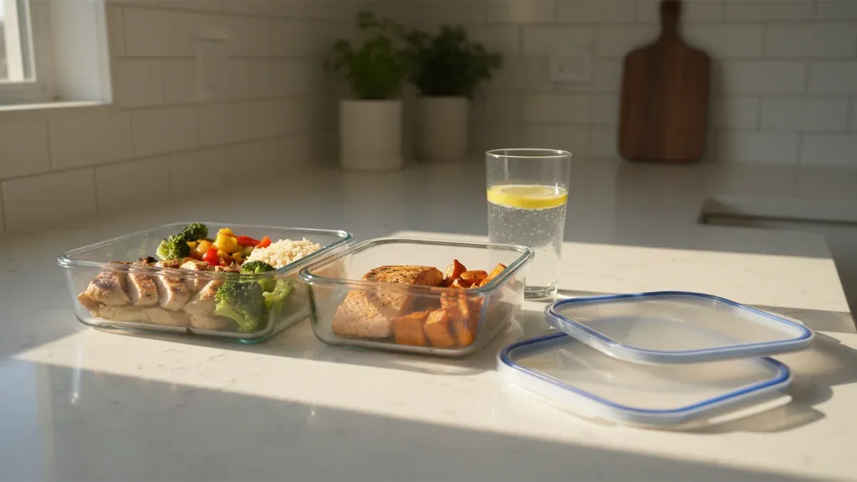Two meal prep containers with balanced meals next to a glass of water on a kitchen counter