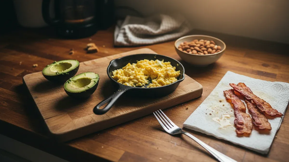 A cutting board with avocado halves, eggs, bacon strips, and a small bowl of nuts on a kitchen counter
