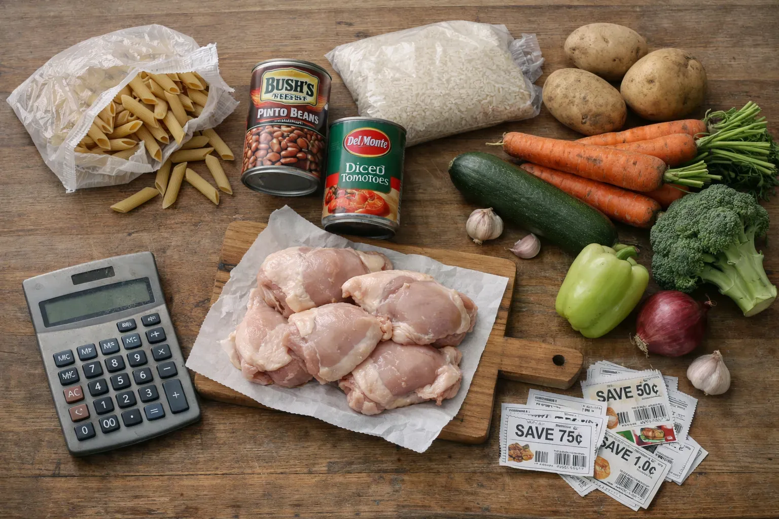 Budget-friendly groceries including pasta, canned beans, rice, and chicken on kitchen counter