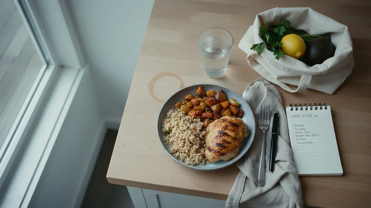A single place setting with a neatly portioned home-cooked meal, a meal planner notebook, and a small grocery bag on a kitchen counter