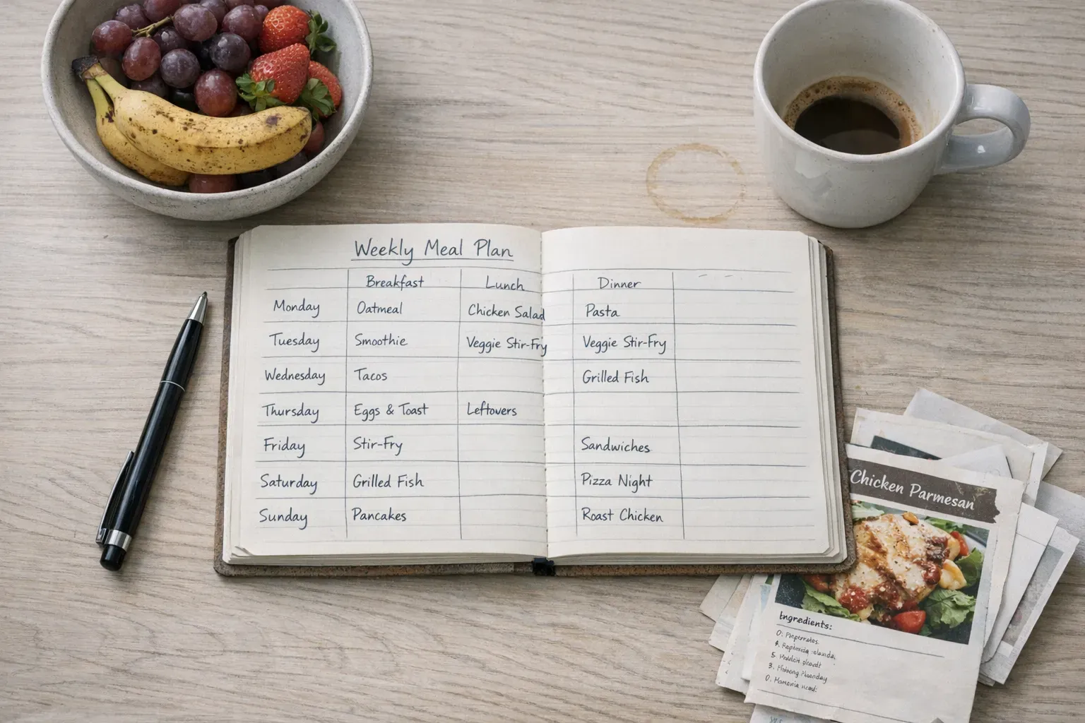 Weekly meal planner notebook with coffee, fruit, and recipe cards on a kitchen table