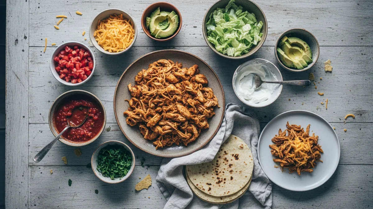 Family-style taco bar with separate toppings in small bowls on a wooden table
