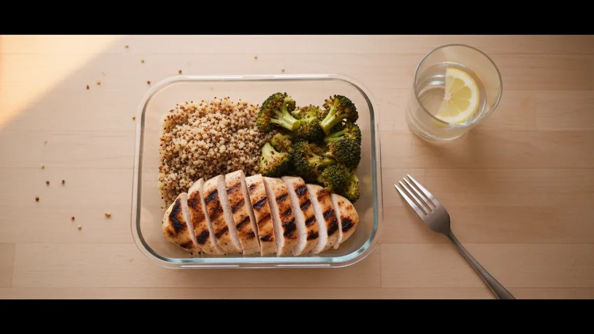 A kitchen counter with a portioned meal prep bowl of grilled chicken, roasted vegetables, and quinoa next to a measuring cup and a glass of water with lemon