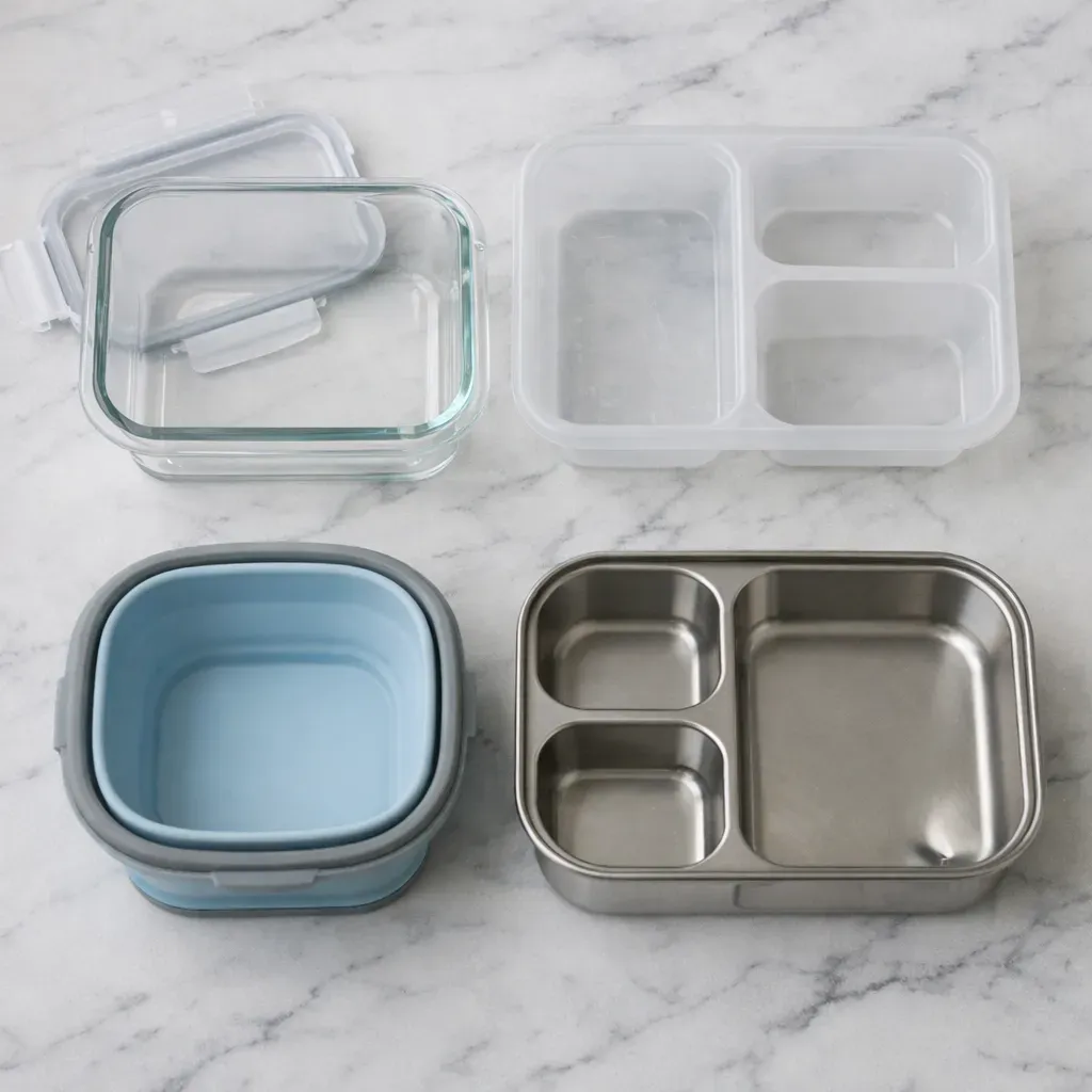 Various meal prep containers in glass, plastic, silicone, and stainless steel on marble surface