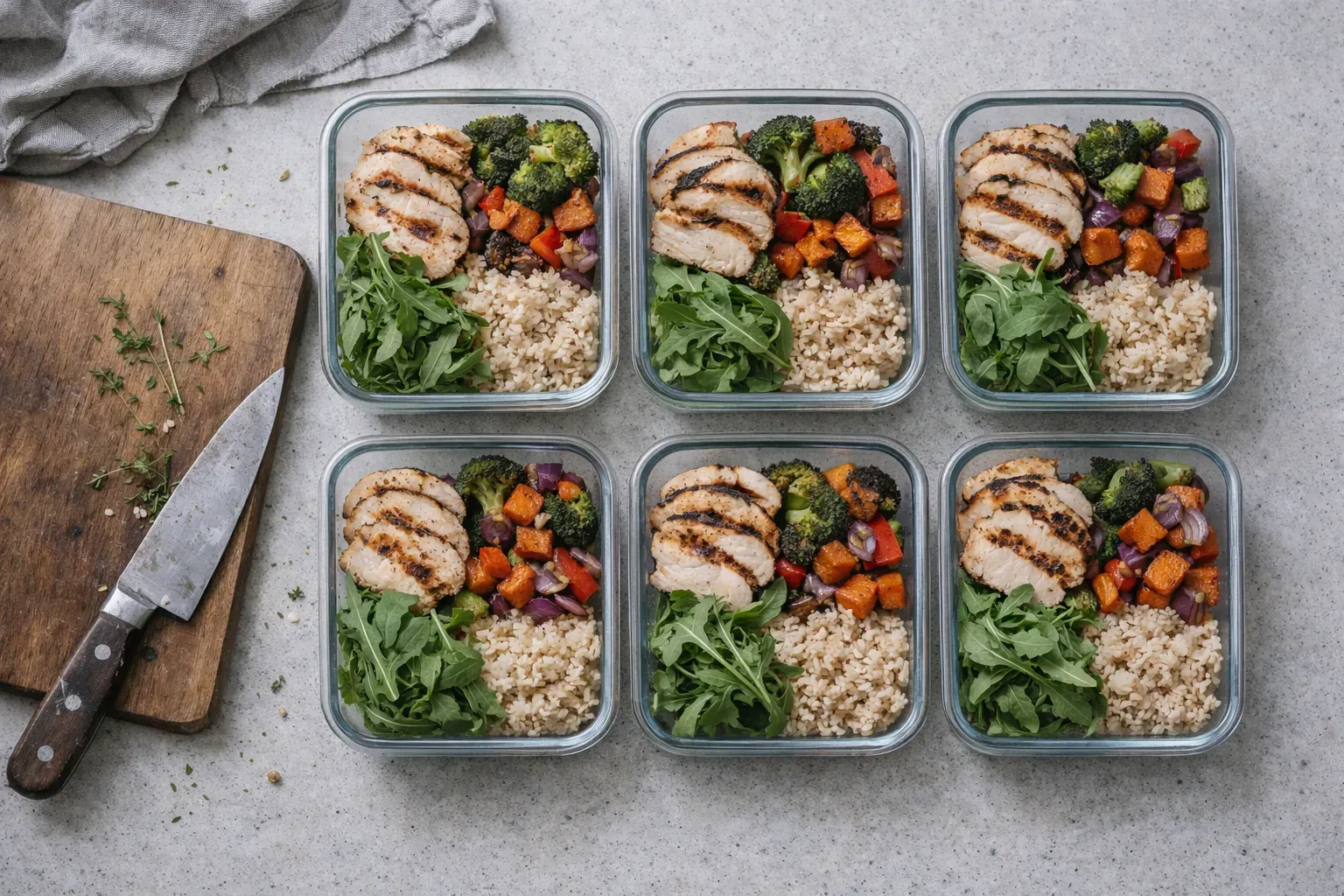 Glass meal prep containers being filled with grilled chicken, roasted vegetables, and rice