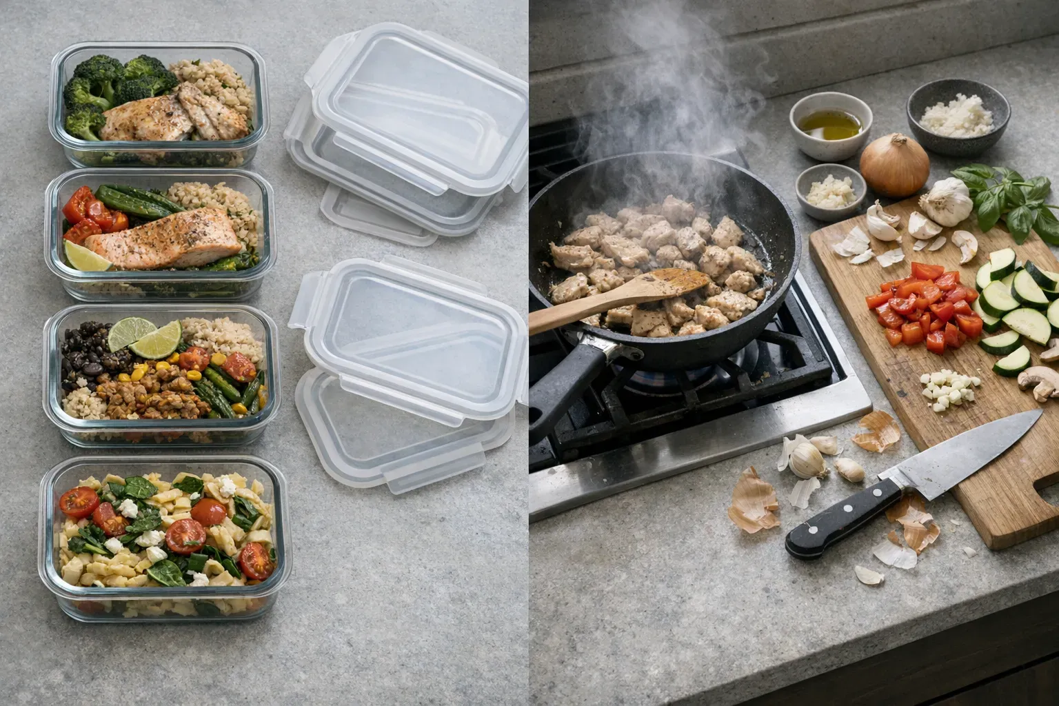 Split view comparing meal prep containers on left with fresh cooking scene on right