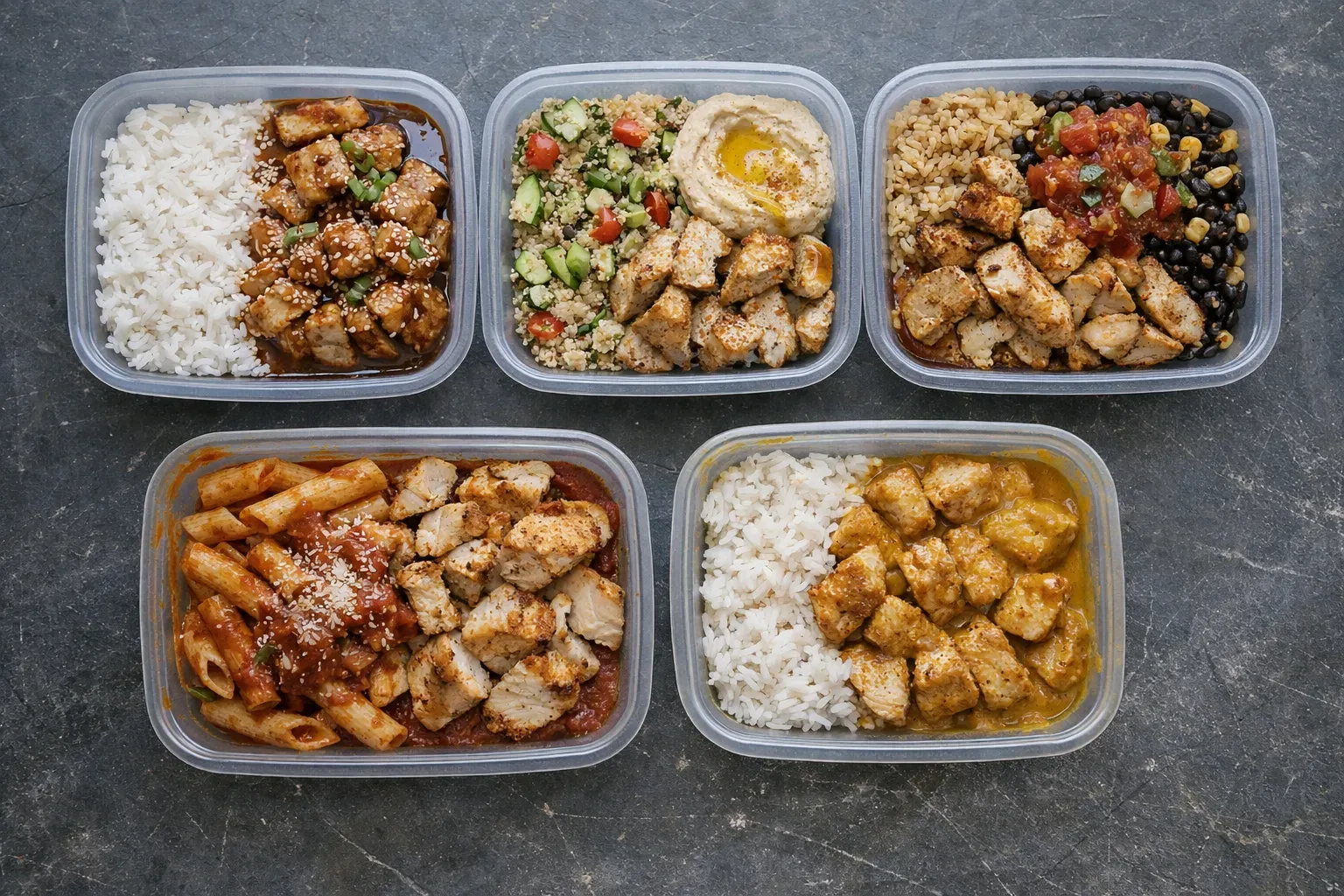 Five meal prep containers with different cuisines: Asian, Mediterranean, Mexican, Italian, and Indian