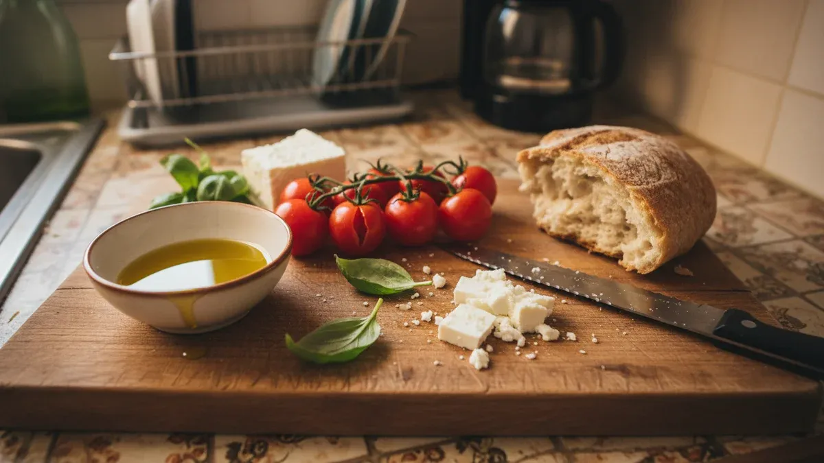 A wooden cutting board with olive oil in a small bowl, cherry tomatoes, fresh herbs, and a wedge of feta cheese
