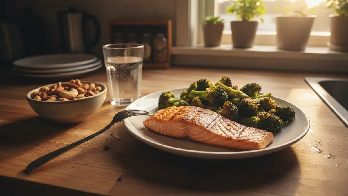 A plate with grilled salmon, roasted vegetables, and a small bowl of mixed nuts on a kitchen counter