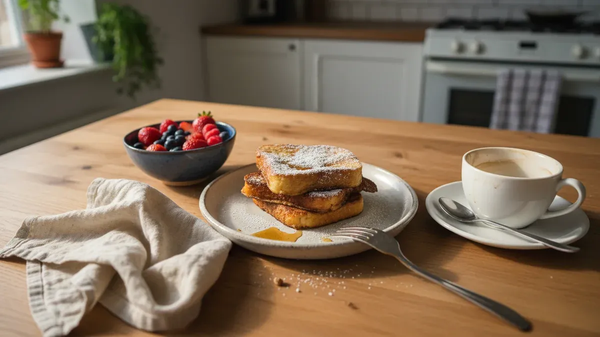 A casually set brunch table with a stack of French toast, fresh berries, and a cup of coffee in warm morning light