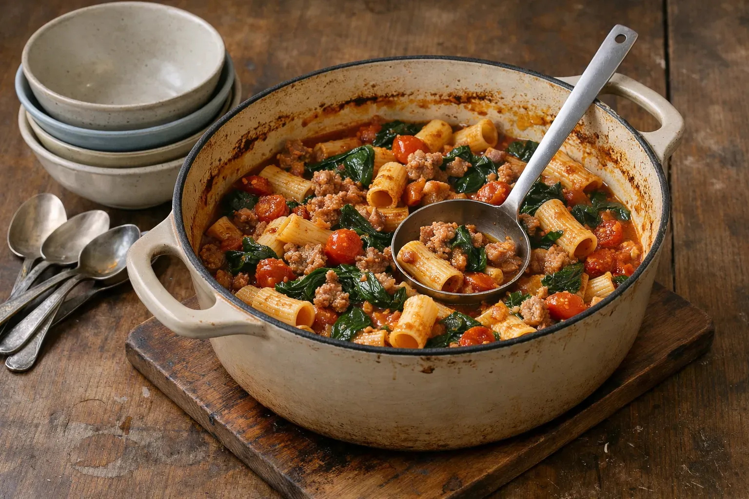 Large Dutch oven filled with one-pot pasta dish on rustic wooden table with empty bowls