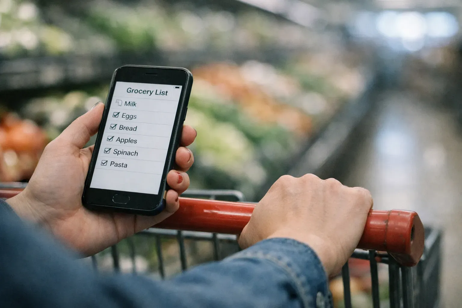 Hands holding phone with grocery list app while pushing cart in supermarket produce aisle
