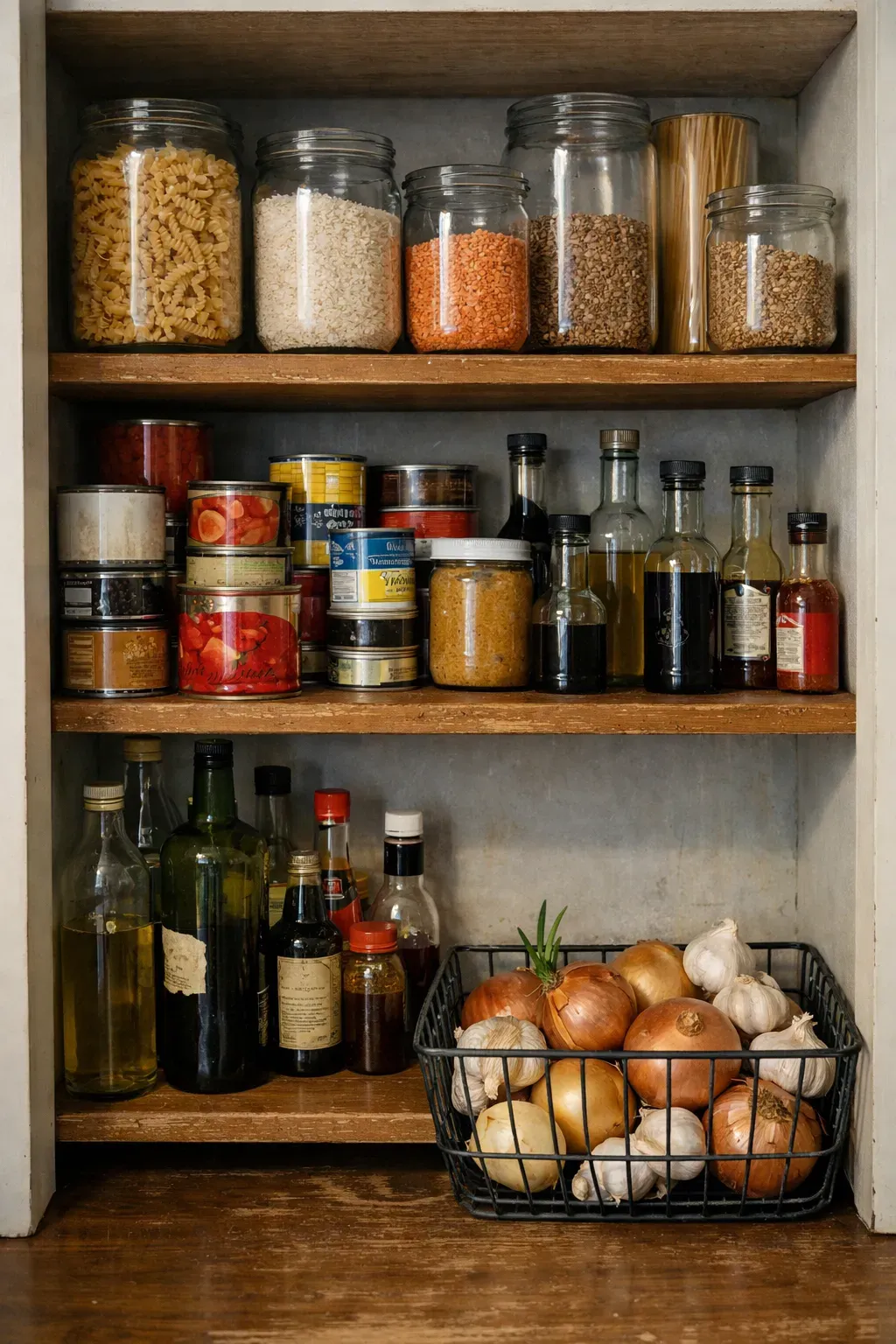 Well-stocked kitchen pantry with glass jars of pasta, rice, canned goods, and oils