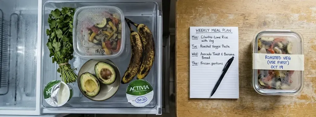 Kitchen counter with organized meal prep containers, a weekly meal plan, and fresh produce sorted by use-by date