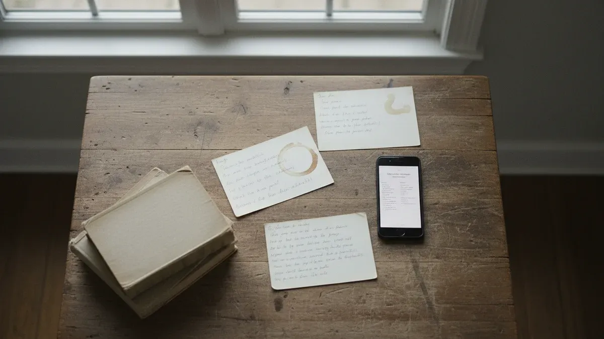 Handwritten family recipe cards spread on a kitchen counter next to a smartphone