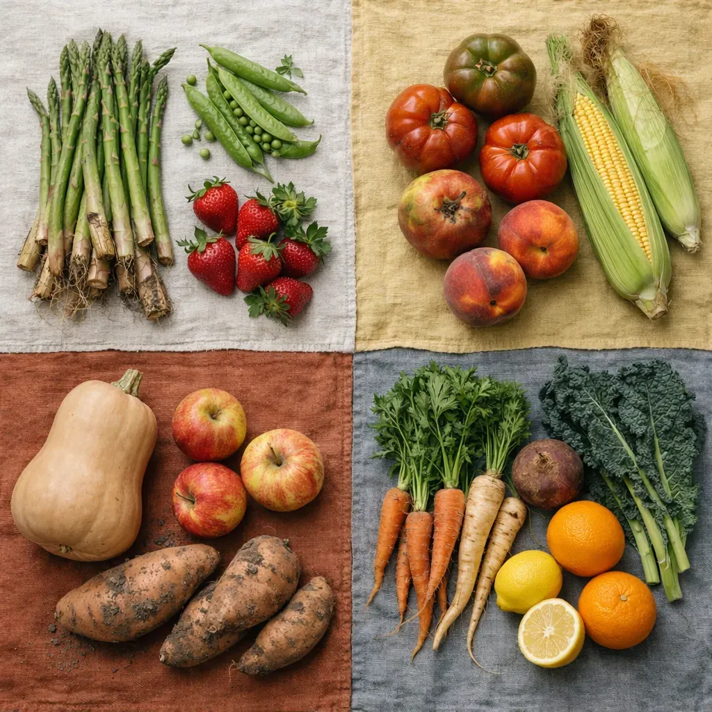 Four groups of seasonal produce arranged in quadrants representing spring, summer, fall, and winter