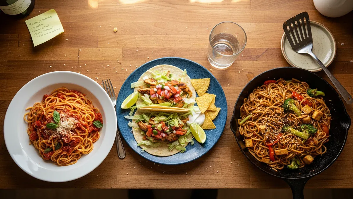 Weekly dinner spread with themed meals laid out on a kitchen table