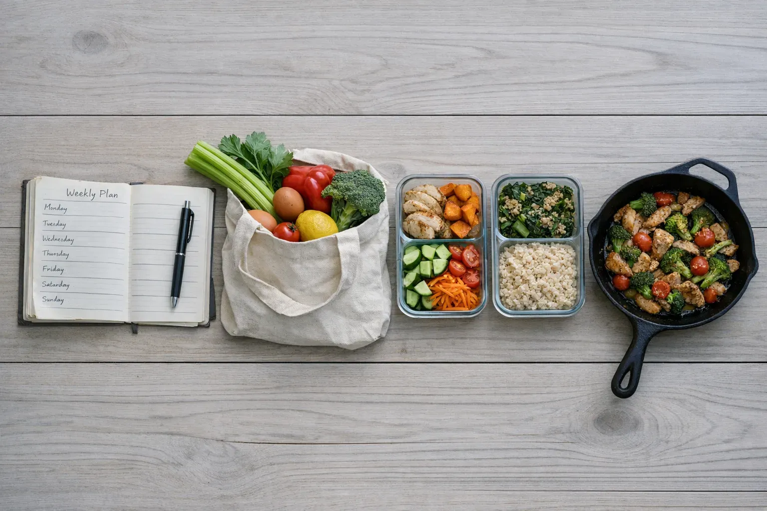 Four stages of weekly meal system: planner, grocery bag, prep containers, and cooked meal