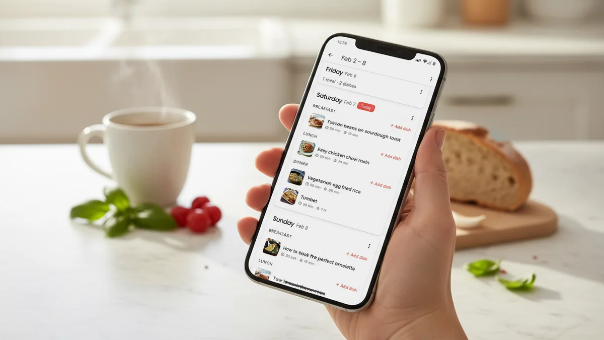 Hand holding phone showing Tavola weekly meal plan in a bright kitchen