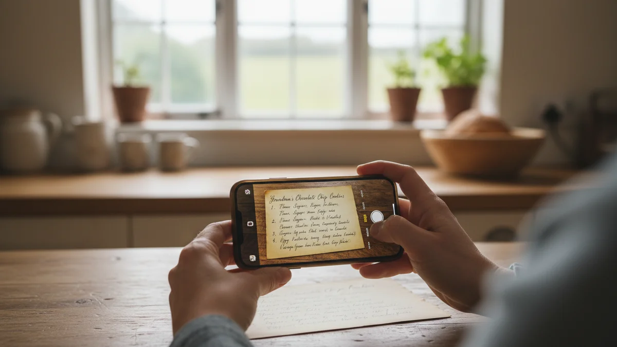 Person photographing a handwritten recipe card with their phone camera in a kitchen