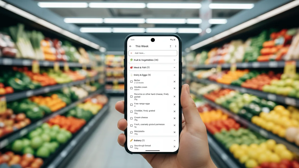 Hand holding phone showing Tavola shopping list in a supermarket produce aisle