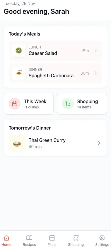 Weekly meal plan screen