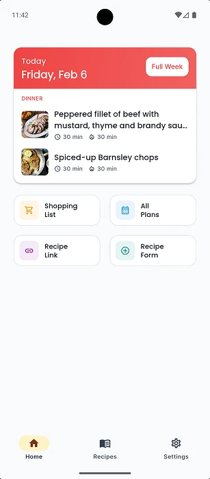 Tavola meal planner app home screen showing recipe collection and quick actions