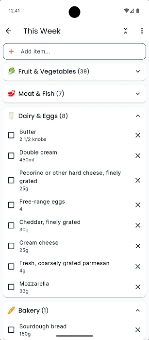 Tavola auto-generated grocery shopping list organised by category from meal plan