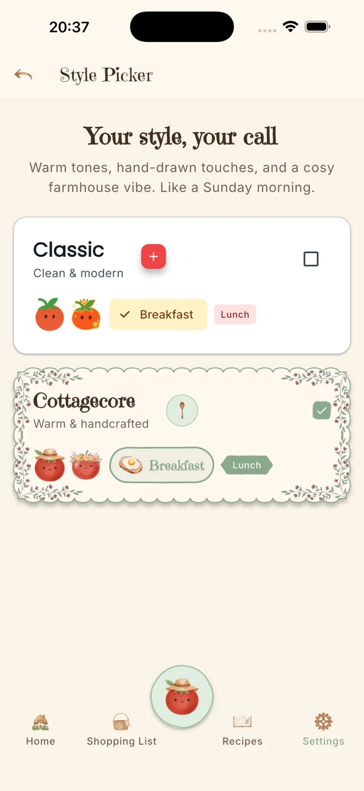 Tavola style picker showing the Classic clean theme and the warm Cottagecore theme side by side